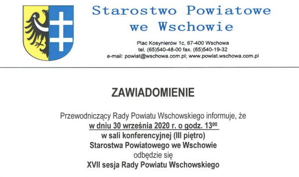 Zapowiedź XVII sesji Rady Powiatu Wschowskiego. 